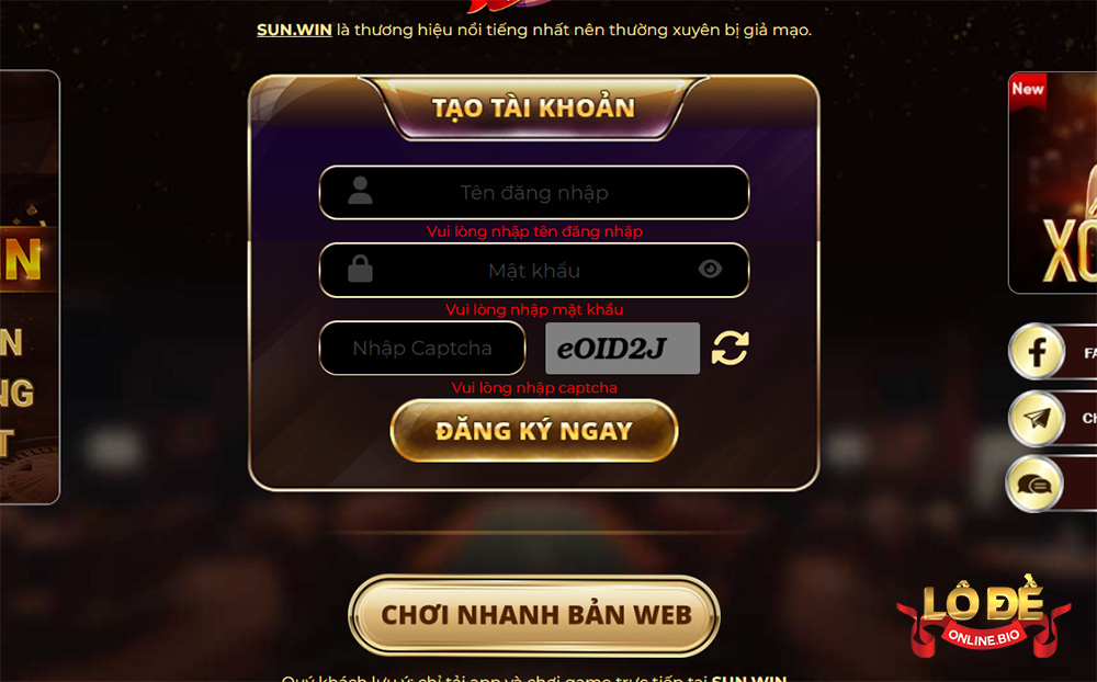 Màn hình đăng ký tài khoản của Sunwin mà anh em cần điền đủ thông tin
